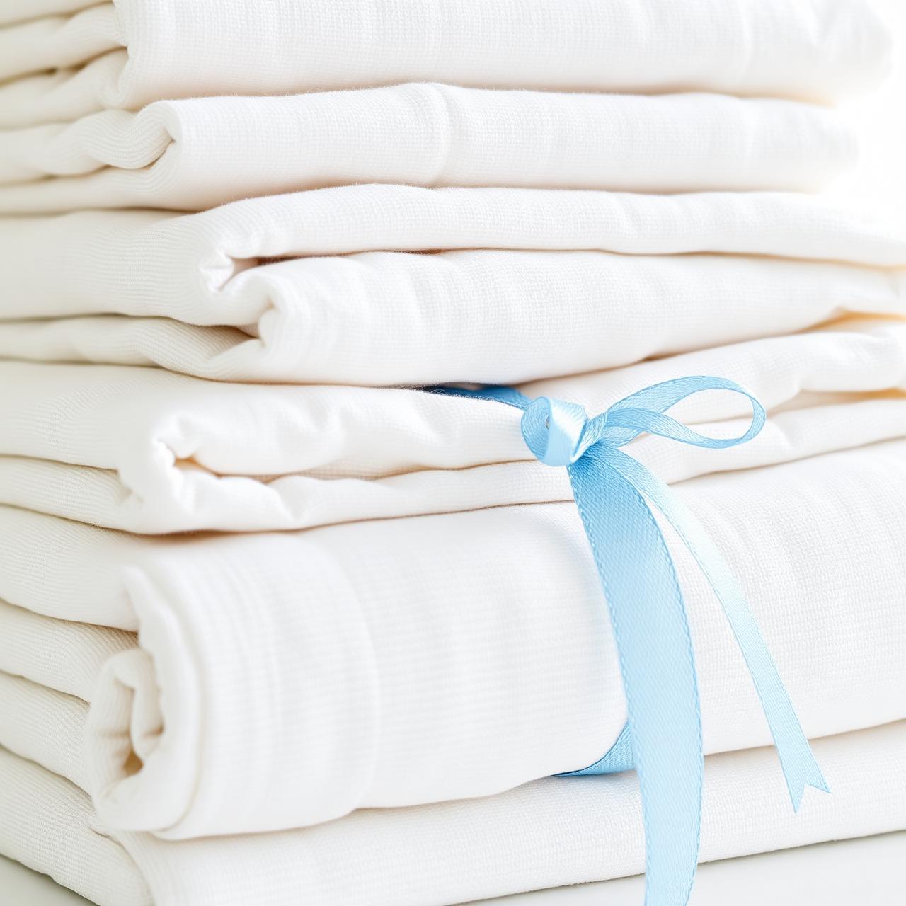 Folded white linen tied with a blue ribbon, MaJiyeza's Laundromat